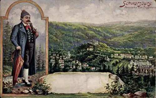Ak Schwarzburg in Thüringen, Mann mit Flöte, Panorama von Trippstein, Thüringer Hof, grünes Ta...