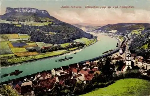 Ak Königstein an der Elbe Sächsische Schweiz, Aussicht auf die Sächsische Schweiz, Lilienstein...