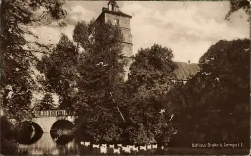 Ak Brake Lemgo in Lippe, Schloss Brake, Brücke, Bäume, Wasserturm