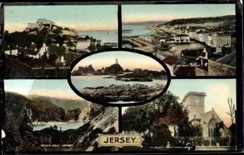 Ak Kanalinsel Jersey, Vorderseite zeigt vier Ansichten, Mount Crguel Castle, Corbiere, Devil's...