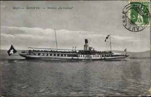 Ak Genf Stadt Schweiz, Historisches Dampfschiff "la Suisse", Schweizer Flagge, Menschen auf de...