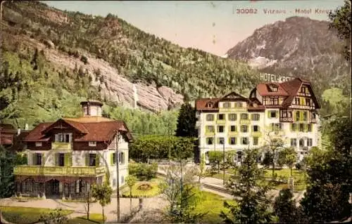 Ak Vitznau Kanton Luzern, Hotel Kreuz, Landschaft, Berge, historische Architektur