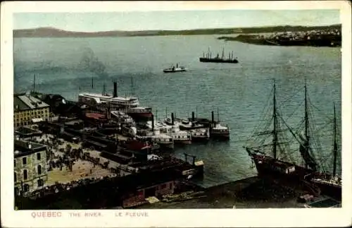 Ak Quebec Kanada, Montmorency River, Blick auf den Fluss, Schiffe, Hafen, Stadtansicht