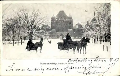 Ak Toronto Ontario Kanada, Parliament Buildings, Winter, Pferde, Schnee, Postkarte