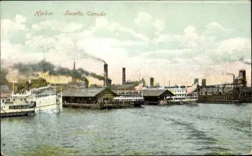 Ak Toronto Ontario Kanada, Hafenansicht, Boote im Wasser, Industriegebäude, dampfende Schornst...