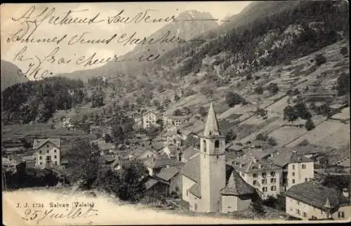 Ak Salvan Kanton Wallis Schweiz, Bergpanorama, Kirche, alte Gebäude, natürliche Umgebung, Post...