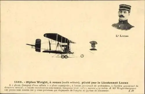 Ak Biplan Wright, à roues, Modèle militaire, Piloté par le Lieutenant Lucas