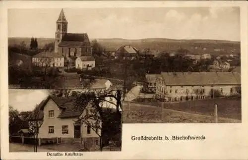 Ak Großdrebnitz Bischofswerda Sachsen, Kirche, Donaths Kaufhaus, Landschaft, historische Ansicht