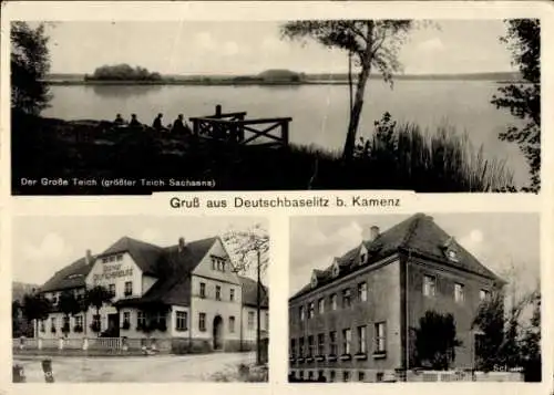 Ak Deutschbaselitz Kamenz Sachsen, Der Große Teich, Gruß aus  Gasthof, Schule