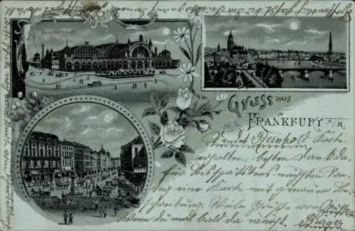 Ak Frankfurt am Main, Hauptbahnhof, Frankfurter Skyline,  Gebäude, Blumenornament