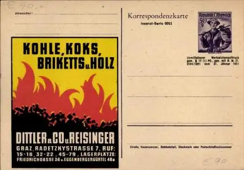 Ganzsachen Ak Werbung, Kohle, Koks, Briketts, Holz, Dittler & Co. und Reisinger, Graz