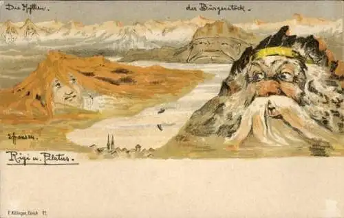 Künstler Ak Nolde, E., Kanton Luzern, Pilatus, Rigi, Berge mit Gesichtern