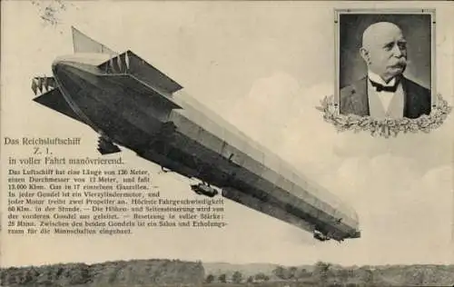 Ak Reichsluftschiff Z1 in voller Fahrt, Graf Zeppelin
