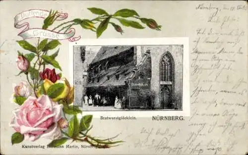 Präge Passepartout Ak Nürnberg in Mittelfranken, Bratwurstglöcklein, Rosen