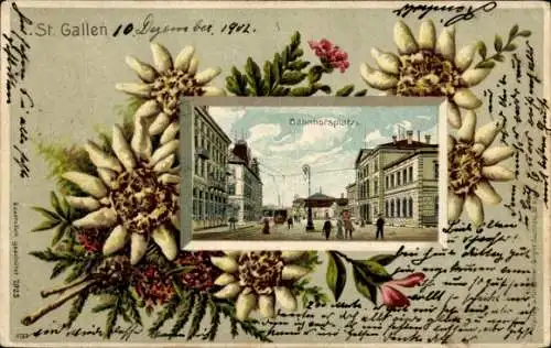 Präge Passepartout Litho Sankt Gallen Stadt Schweiz, Bahnhofsplatz, Edelweiß