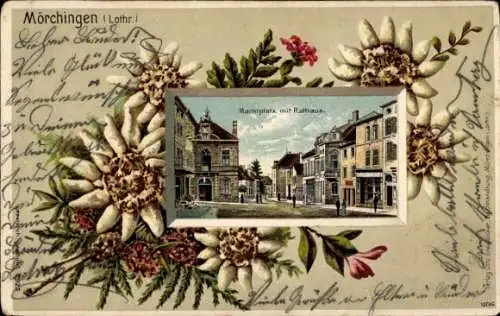 Präge Passepartout Litho Morhange Mörchingen Lothringen Moselle, Marktplatz, Rathaus, Edelweiß