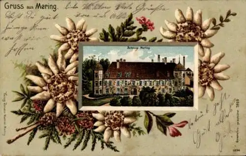 Präge Passepartout Litho Mering in Schwaben, Schloss, Edelweiß