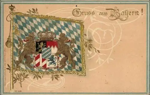 Präge Wappen Litho Bayern, Standarte, Königreich, Löwen
