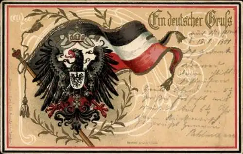 Präge Wappen Ak Ein Deutscher Gruß, Fahne, Adler