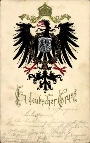Präge Wappen Litho Ein deutscher Gruß, Adler, Krone