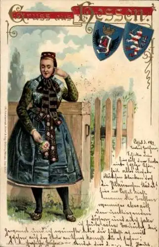 Wappen Litho Junge Frau in hessischer Tracht