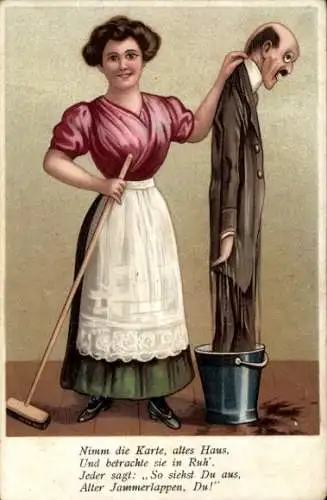 Ak Humor, Ehehumor, Frau mit Besen, Nimm die Karte, altes Haus...