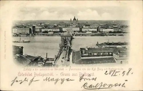 Ak Budapest Ungarn, Panorama von der Kgl. Burg mit Kettenbrücke, Dampfschiff auf der Donau