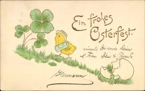 Präge Litho Glückwunsch Ostern, Vermenschlichtes Küken, Eierschale, Kleeblätter