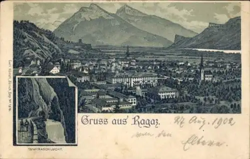 Ak Bad Ragaz Kanton St. Gallen, Blick auf Ragaz mit Bergen, Tamina-Schlucht, Gruß aus  Signatu...