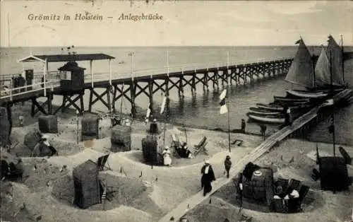 Ak Ostseebad Grömitz in Holstein, Anlegebrücke, Strandkörbe, Segelboote, Promenade, Personen