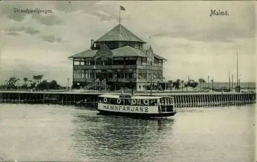 Ak Malmö Schweden, Strandpaviljongen, Hafen, Boot mit Name 'HAMNFARJAN 2', Wasser, Gebäude im ...