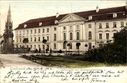 Ak Hansestadt Greifswald, Universität mit Rubenowdenkmal