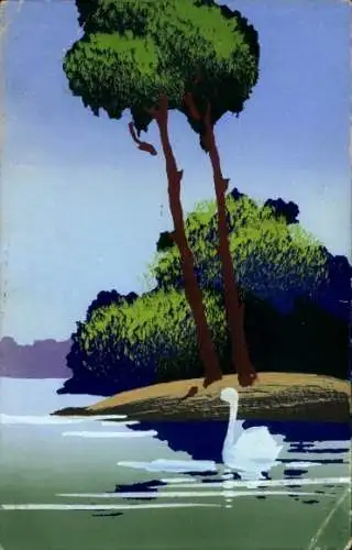 Handgemalt Ak Fluss, Bäume, Schwan