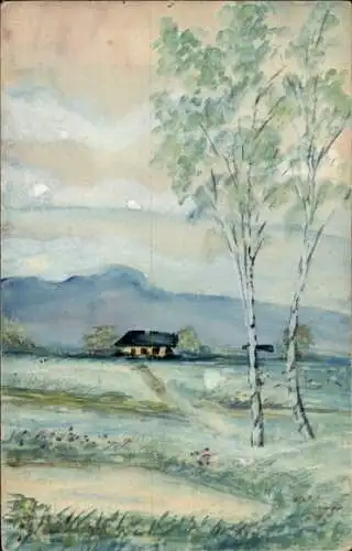 Handgemalt Ak Landschaft, Wohnhaus, Birken