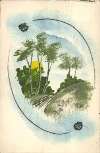Handgemalt Ak Landschaft, Bäume, schmaler Weg