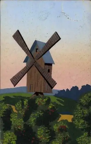 Handgemalt Ak Landschaft, Windmühle