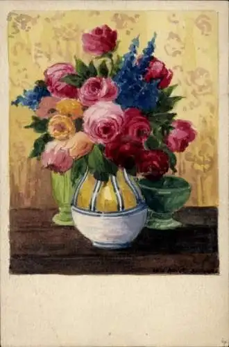 Handgemalt Ak Blumenstrauß, Rosen, Vase