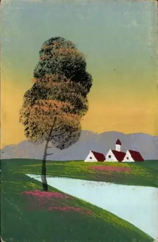Handgemalt Ak Dorfidyll, Häuser, Fluss, Baum