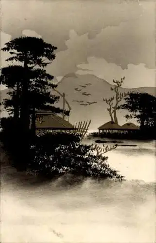 Handgemalt Ak Japan, Dorfidyll, Häuser, Berg