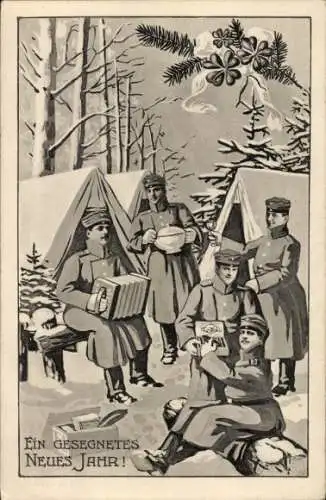 Ak Glückwunsch Neujahr, Deutsche Soldaten in Uniformen im Feld, Zelte, Zigarren