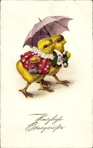 Ak Glückwunsch Ostern, Küken, vermenschlicht