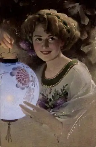 Ak Frau mit Laterne, Portrait