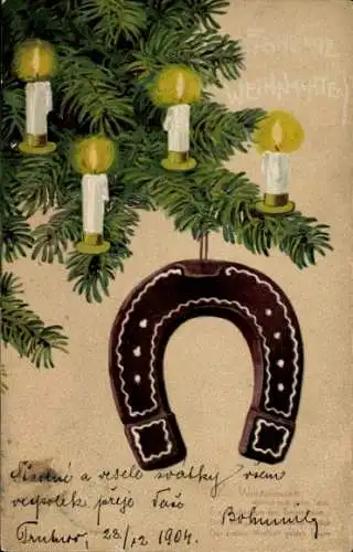Präge Ak Frohe Weihnachten, Tannenbaum, Hufeisen