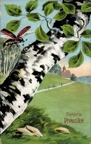 Ak Glückwunsch, Pfingsten, Dorfidyll, Birke, Maikäfer