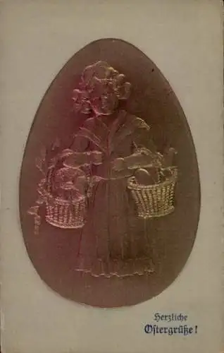 Relief Ak Glückwunsch Ostern, Osterei, Mädchen mit Weidenkörben
