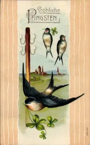 Ak Glückwunsch, Pfingsten, Klee, Schwalben