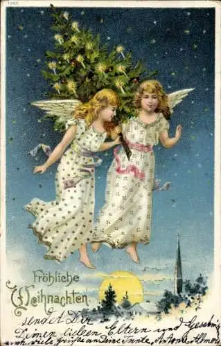 Ak Frohe Weihnachten, Zwei Engel, Tannenbaum