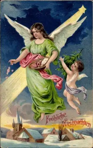 Ak Frohe Weihnachten, Zwei Engel, Tannenbaum, Dorfidyll