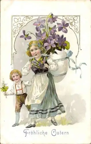 Präge Ak Glückwunsch Ostern, Mädchen trägt Kiepe aus Eierschale, Veilchen