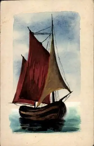 Handgemalt Ak Segelboot, rote Segel